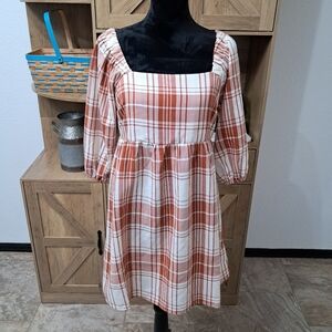 Monteau Babydoll Mini Dress Plaid  Square Neck 3/4 Sleeve Md New Western
